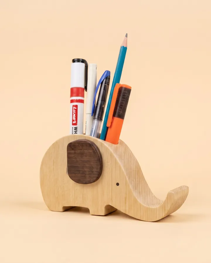 Handcrafted Wooden Elephant Pen Holder
