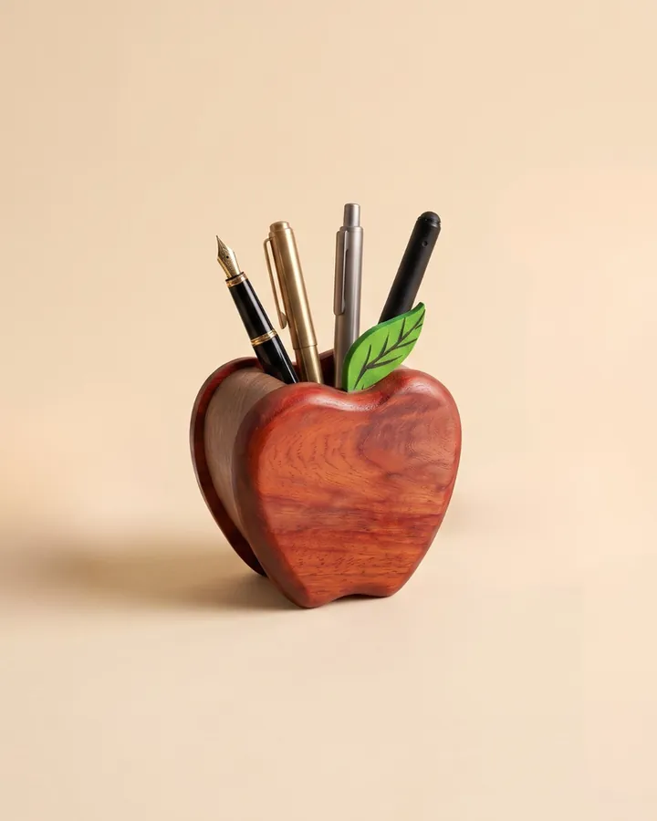 Wooden Apple Pen Holder